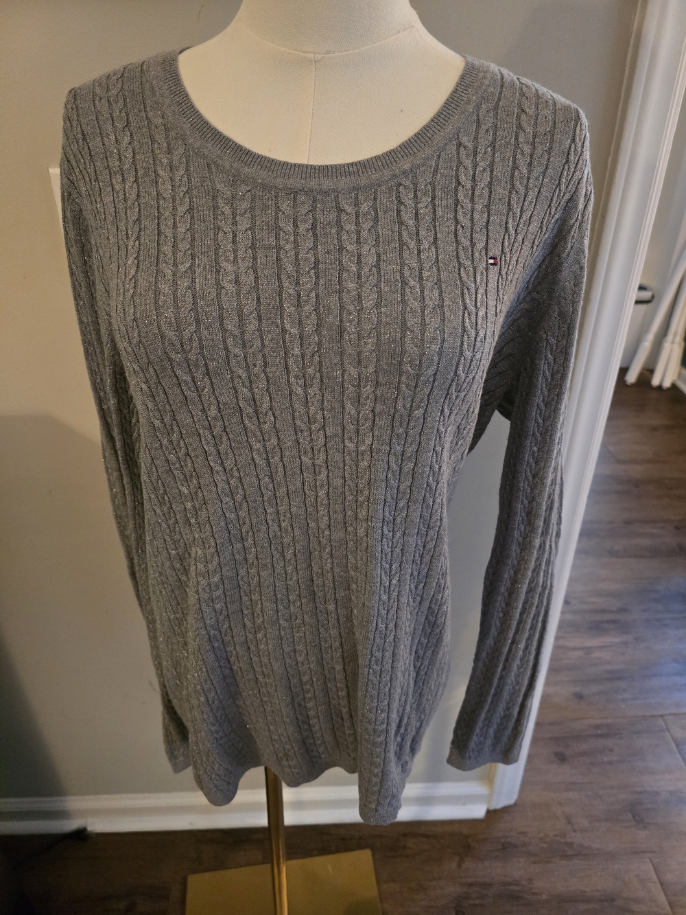 Tommy Hilfiger Silver Sparkle Cable-Knit Crew Neck Sweater